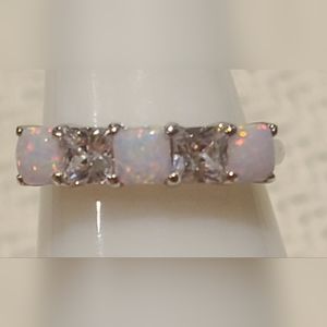 *BP #2245 Lab White Topaz & White Fire Opal Rhodium Band Ring 6 BRAND NEW